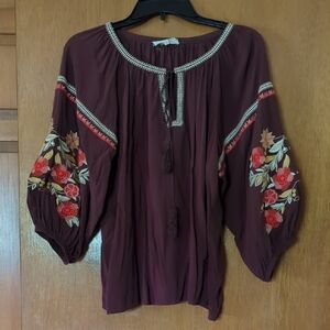 Solitaire Red Pleated 3/4 Sleeve Blouse
